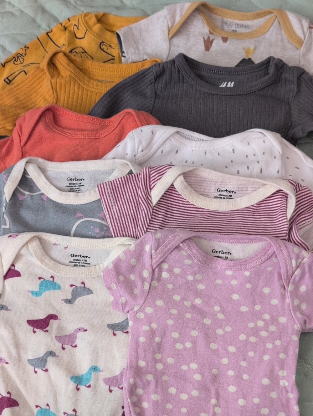 Lot 10 Gerber & Various Baby Onesies In Mix Prints Short & Long Sleeves Newborn